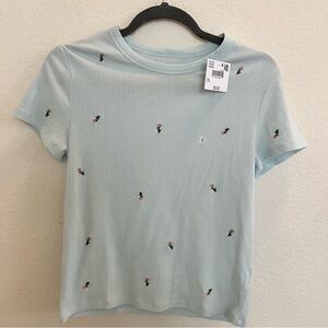 Light Blue Ribbed Embroidered Tee Soft Girl Cottagecore‎ Casual Everyday Top